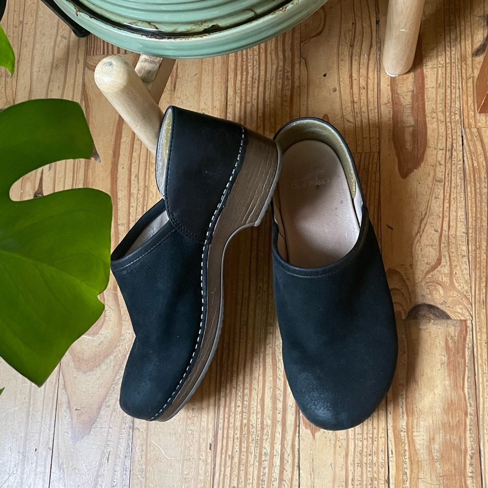 Dansko Black Suede Clog Mules